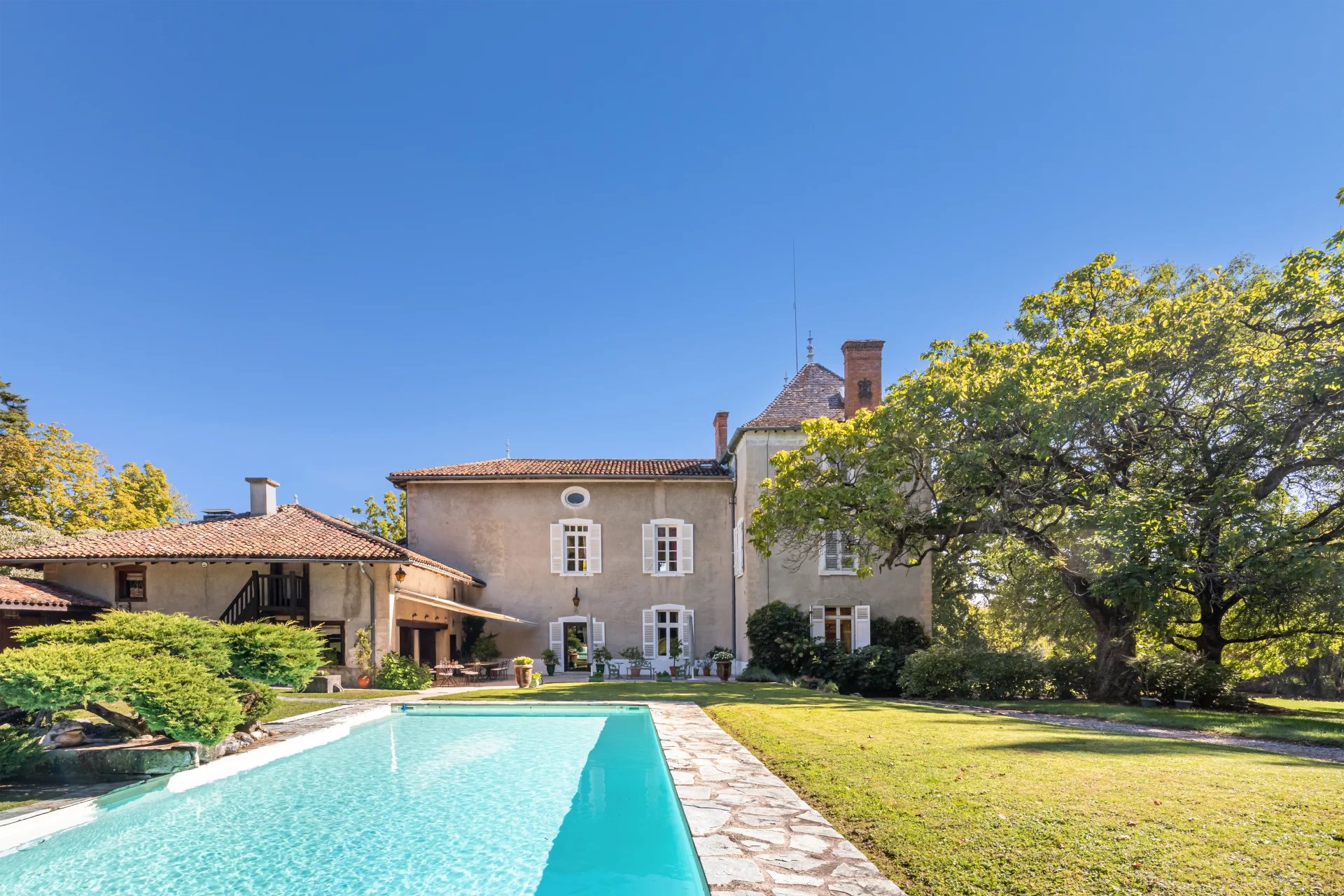 Castle built over several centuries, with a pond, swimming pool, magnificent property.